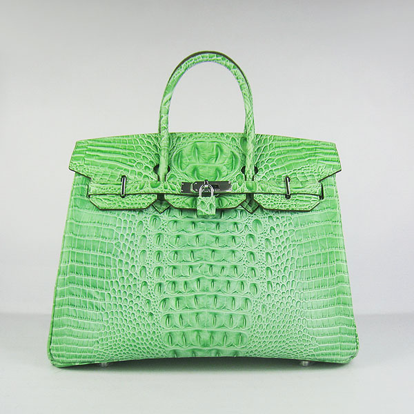 High Quality Fake Hermes Birkin 35CM Crocodile Head Veins Leather Bag Green 6089 - Click Image to Close